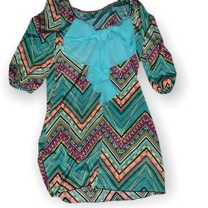 Si Style - Women’s LS teal orange & black designed dress w/ Big Bow on back | M